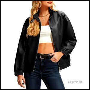 Faux Leather Oversized Bomber Jacket Y2K Chic Motorcycle Style Double Zipper